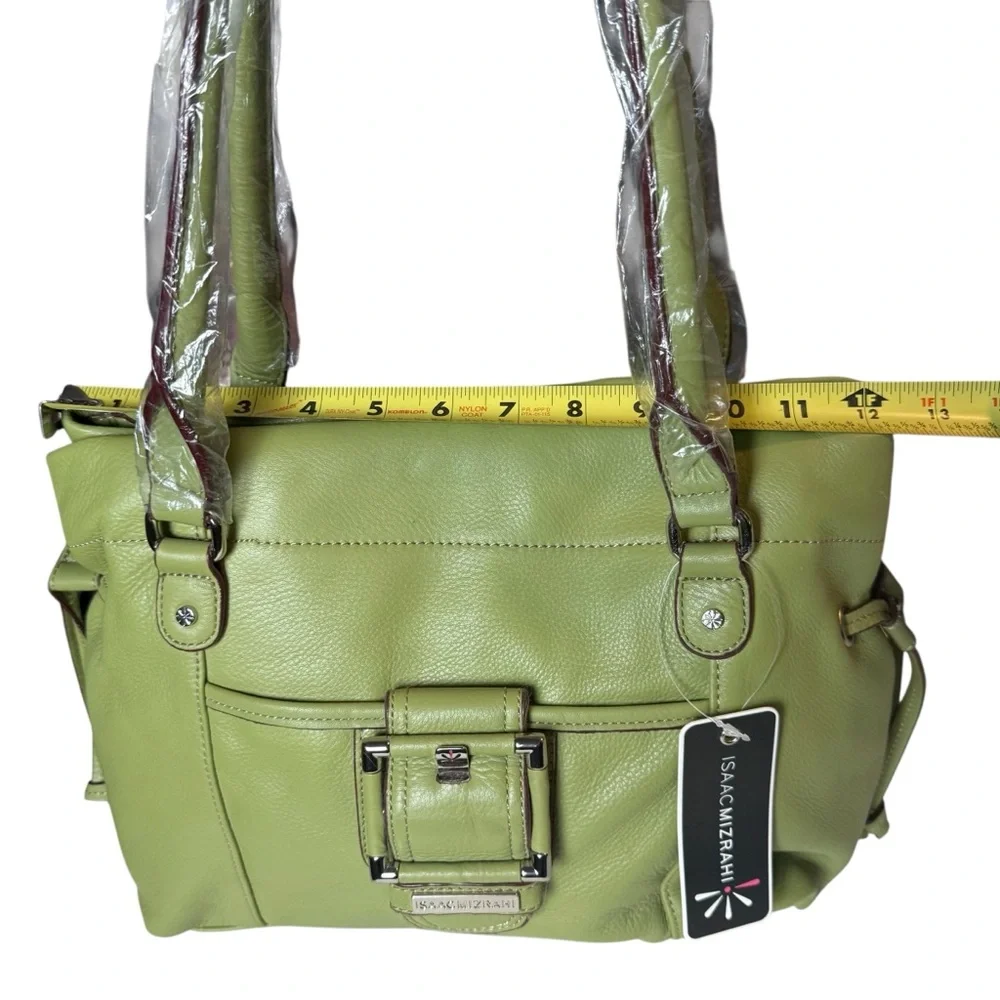NWT ISAAC MIZRAHI GREEN FAUX LEATHER BUCKLE SATCHEL HANDBAG